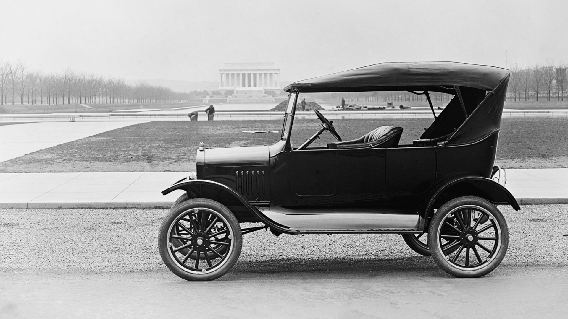 Black and white photo of an early Ford